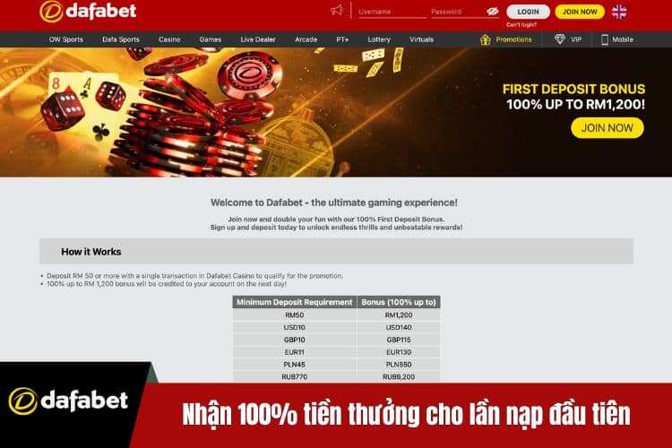 Nhận 100% tiền thưởng cho lần nạp đầu tiên